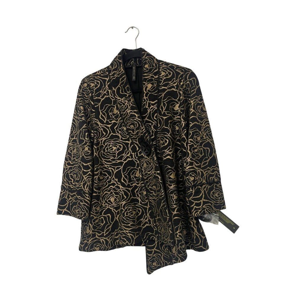 IC Collection By Connie K Womens Jacket S Black Gold Floral Crinkle 1910J NWT